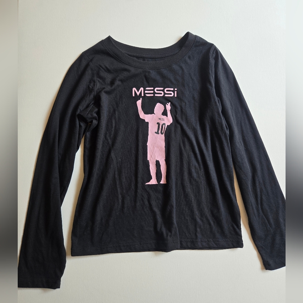 NWOT- Old Navy Messi Black with Pink Graphic Long Sleeve Tee Girls Size XL (12) - Picture 2 of 3